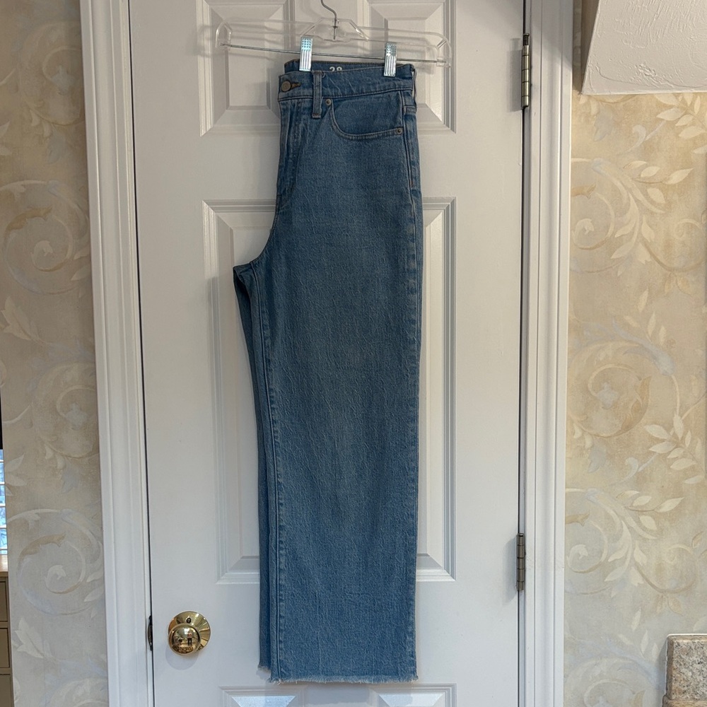 J Crew Slim Wide Leg Blue Denim Jeans with Frayed Hem.